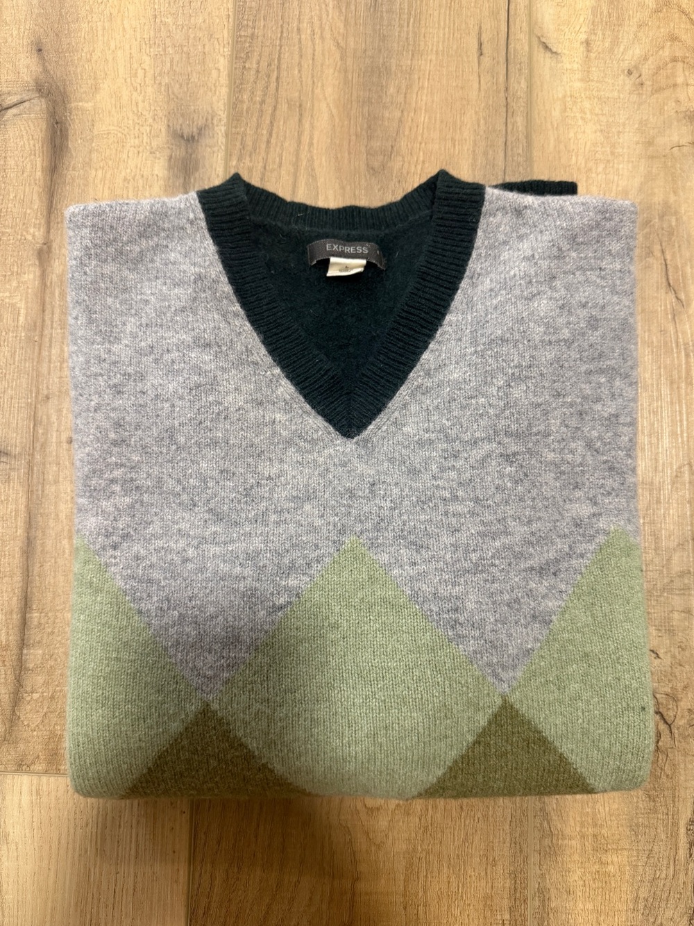 Vintage Express Lambswool Argyle Sweater L Forest Green Gray V-Neck S M Luxury